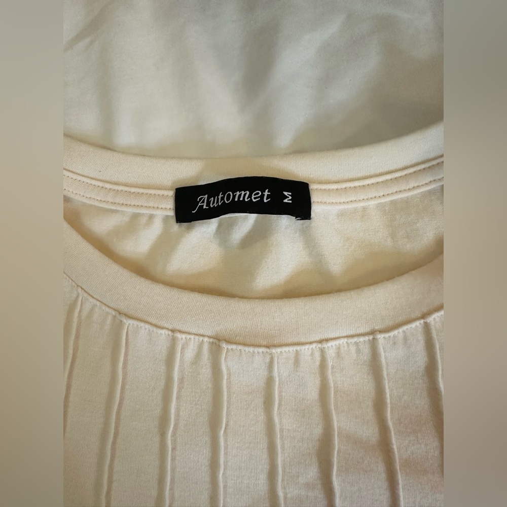 Automet Cream Pleated Long Sleeve Blouse Smocked Cuffs Elegant Fall Style Women - Picture 7 of 8